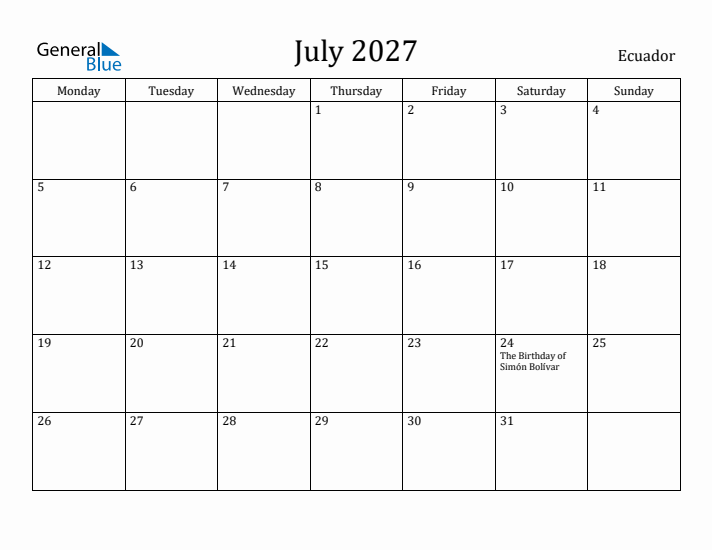 July 2027 Calendar Ecuador