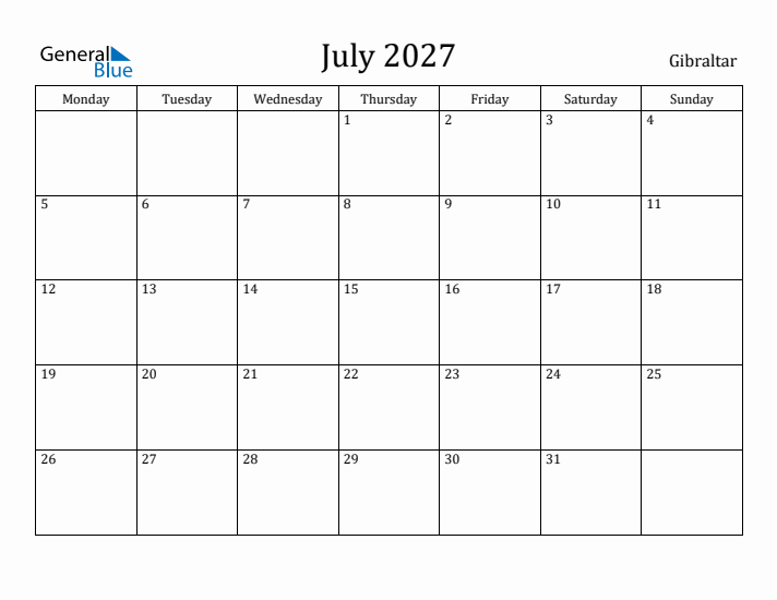 July 2027 Calendar Gibraltar