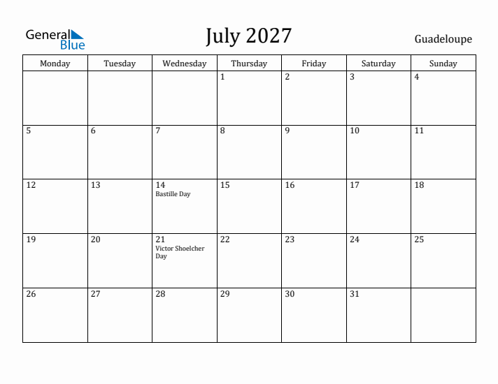 July 2027 Calendar Guadeloupe