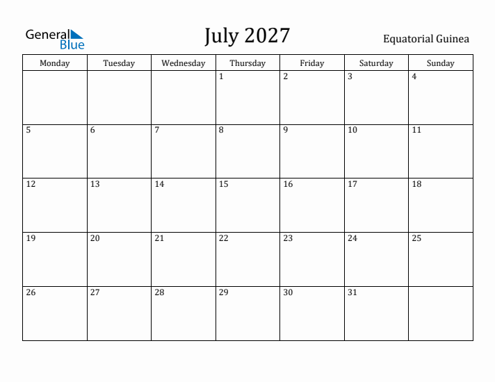 July 2027 Calendar Equatorial Guinea
