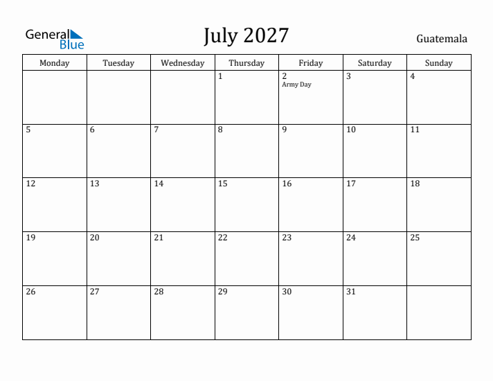 July 2027 Calendar Guatemala