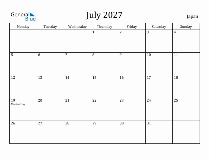 July 2027 Calendar Japan