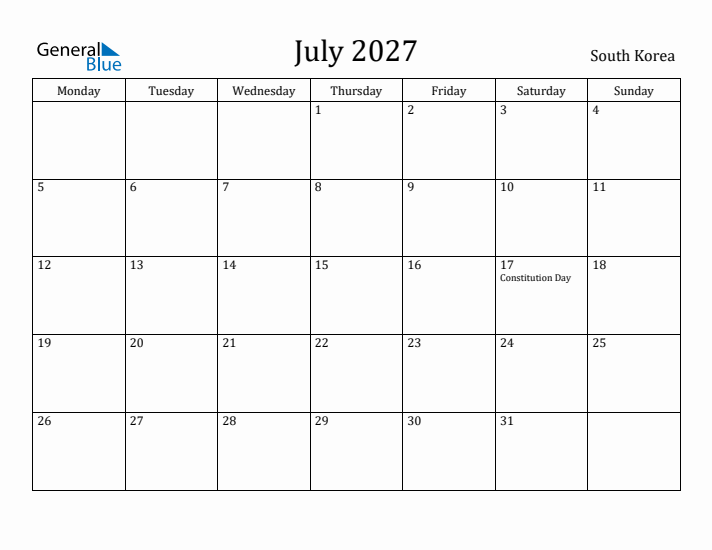 July 2027 Calendar South Korea