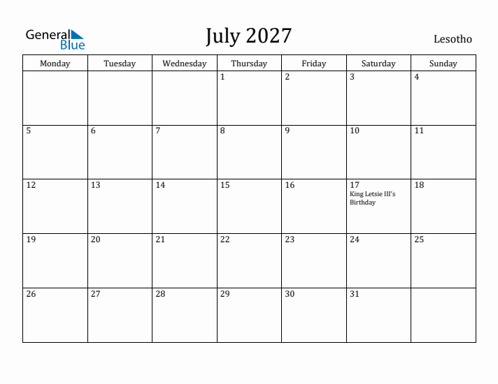 July 2027 Calendar Lesotho