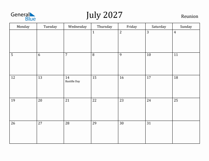 July 2027 Calendar Reunion