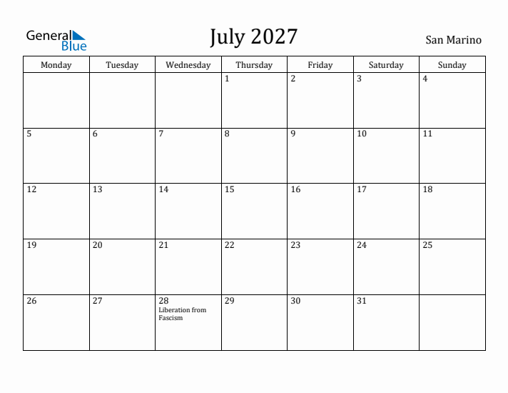 July 2027 Calendar San Marino