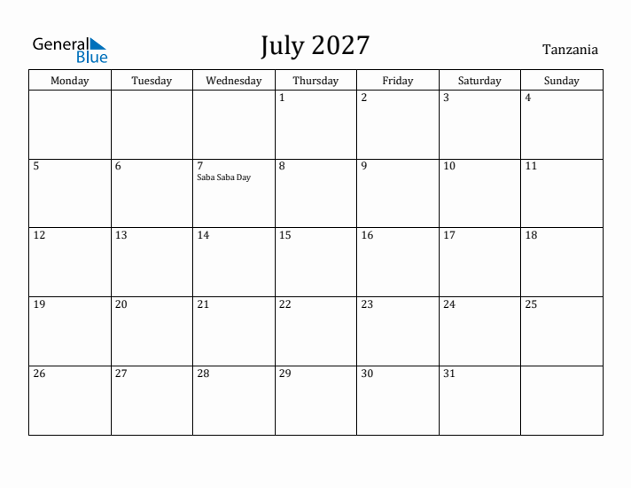July 2027 Calendar Tanzania