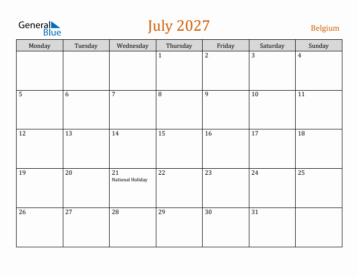July 2027 Holiday Calendar with Monday Start