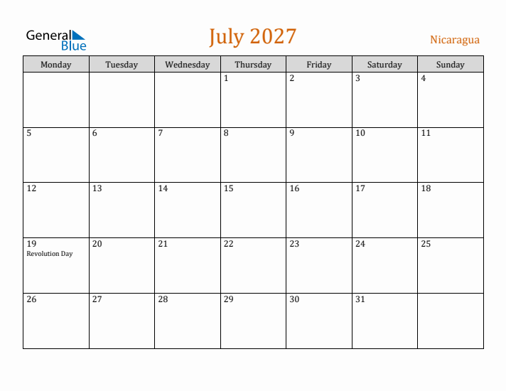 July 2027 Holiday Calendar with Monday Start