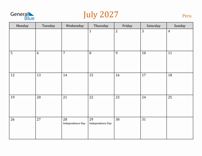 July 2027 Holiday Calendar with Monday Start