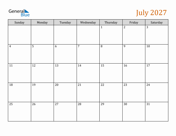 Editable July 2027 Calendar
