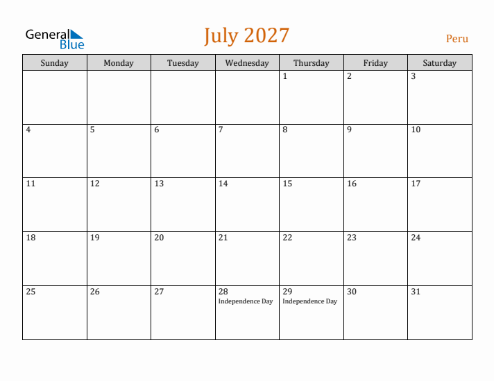 July 2027 Holiday Calendar with Sunday Start