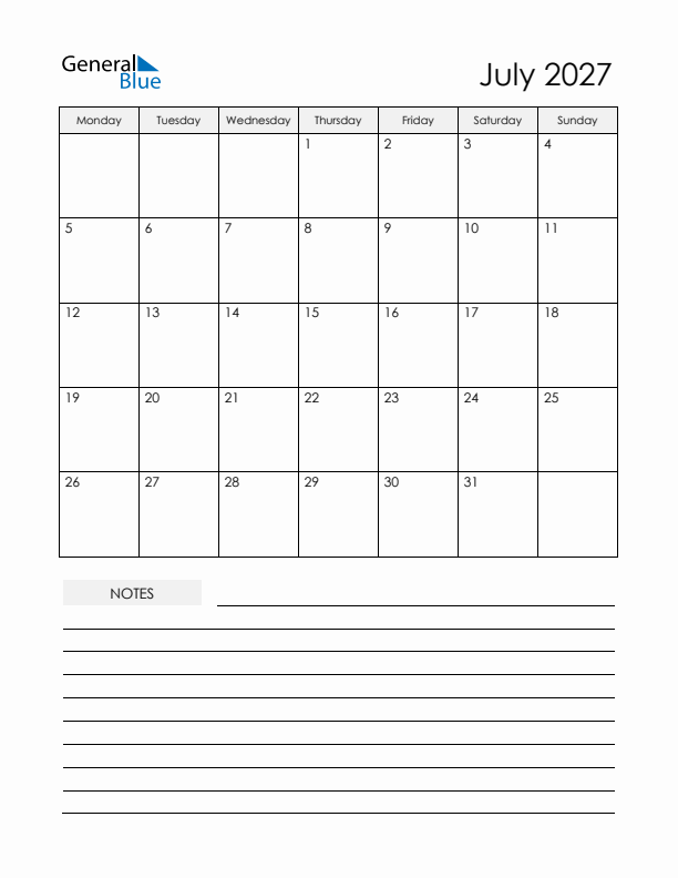 Printable Calendar with Notes - July 2027 