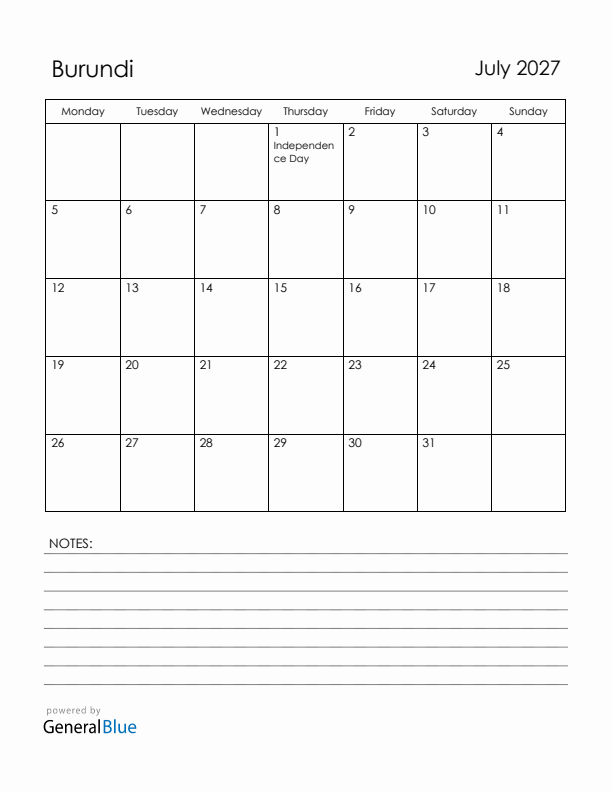 July 2027 Burundi Calendar with Holidays (Monday Start)