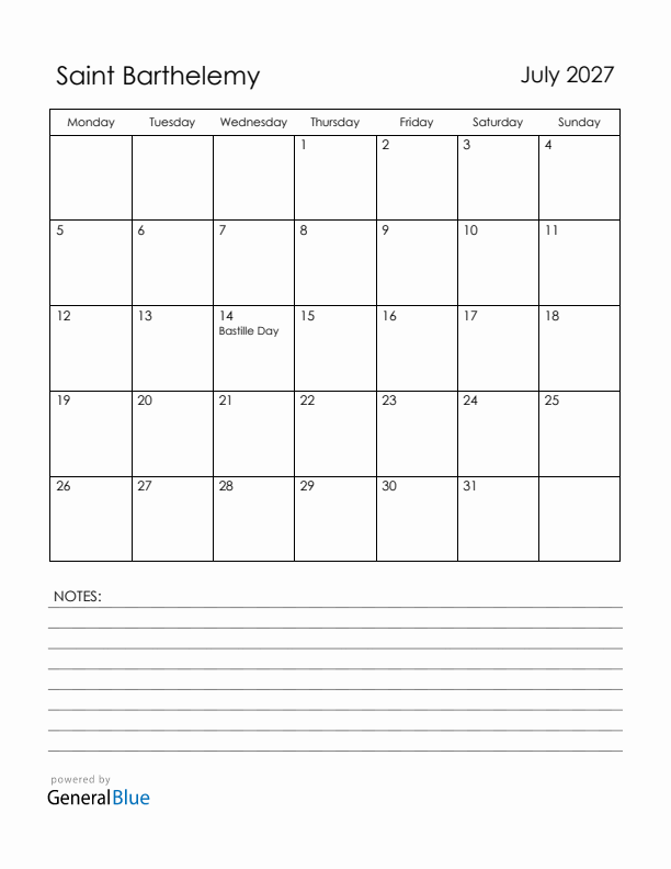 July 2027 Saint Barthelemy Calendar with Holidays (Monday Start)