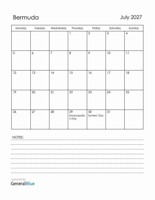 July 2027 Bermuda Calendar with Holidays (Monday Start)