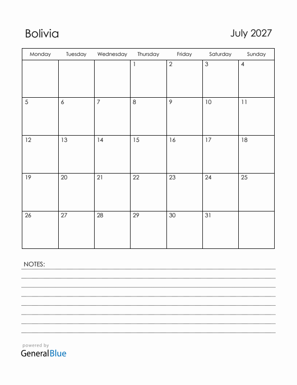 July 2027 Bolivia Calendar with Holidays (Monday Start)