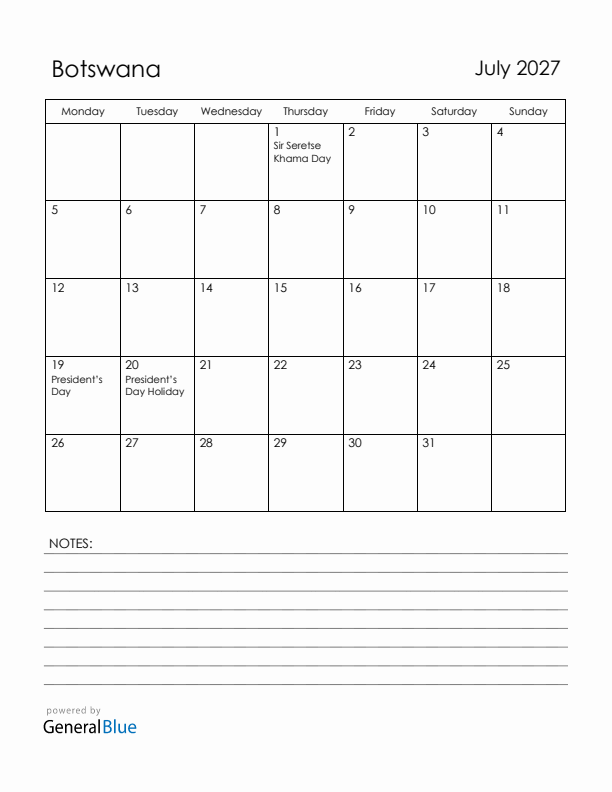 July 2027 Botswana Calendar with Holidays (Monday Start)
