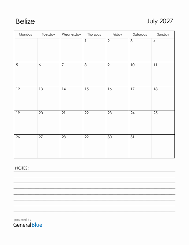 July 2027 Belize Calendar with Holidays (Monday Start)