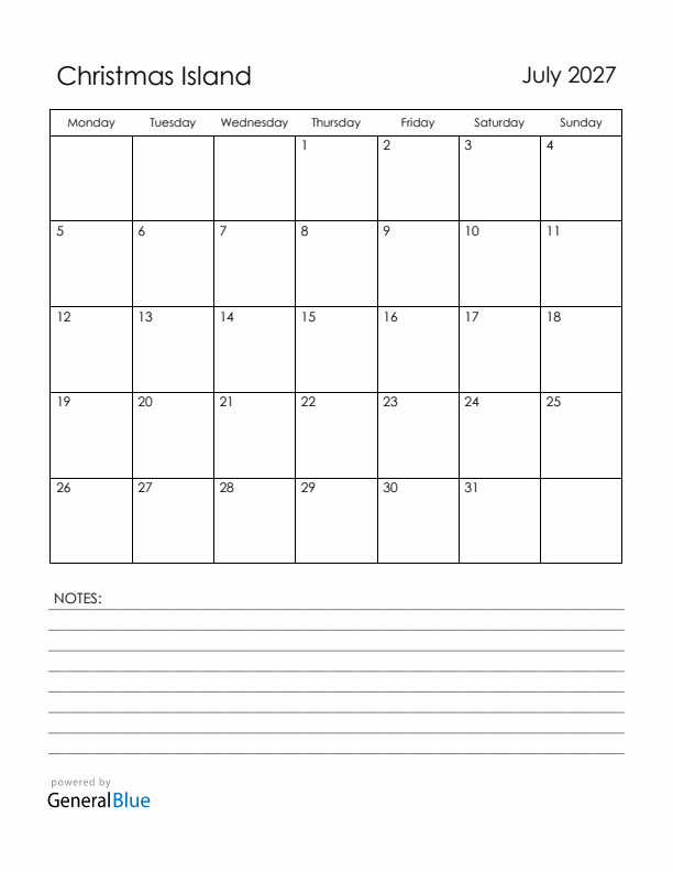 July 2027 Christmas Island Calendar with Holidays (Monday Start)