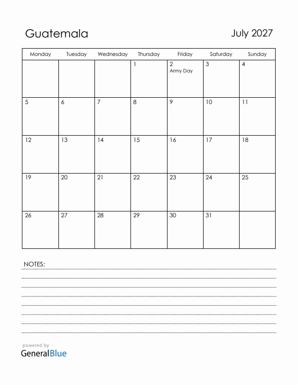 July 2027 Guatemala Calendar with Holidays (Monday Start)