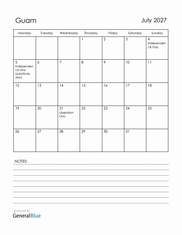 July 2027 Guam Calendar with Holidays (Monday Start)