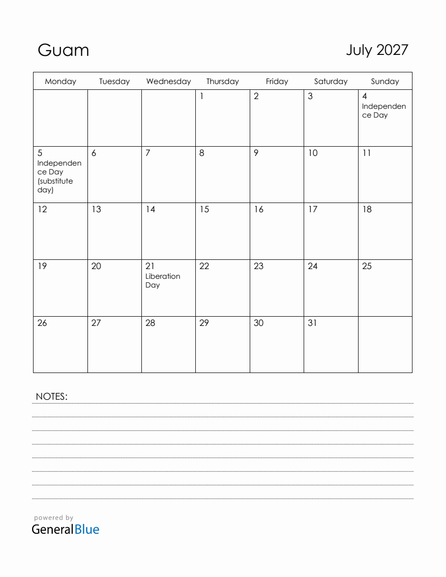 July 2027 Guam Calendar with Holidays