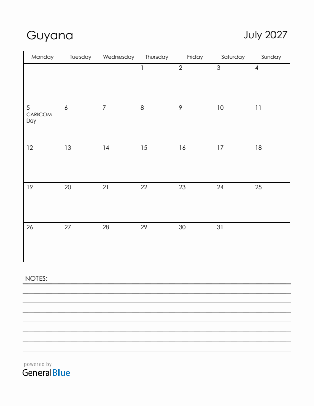 July 2027 Guyana Calendar with Holidays (Monday Start)