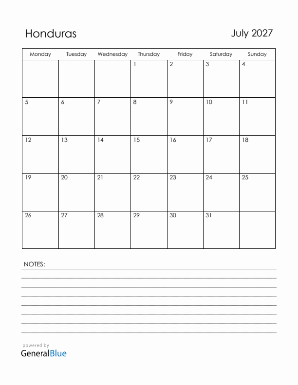 July 2027 Honduras Calendar with Holidays (Monday Start)