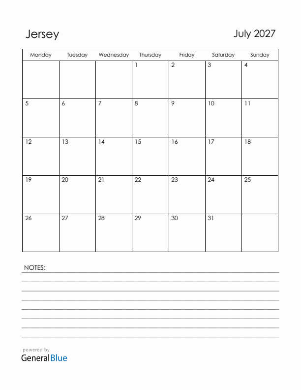 July 2027 Jersey Calendar with Holidays (Monday Start)