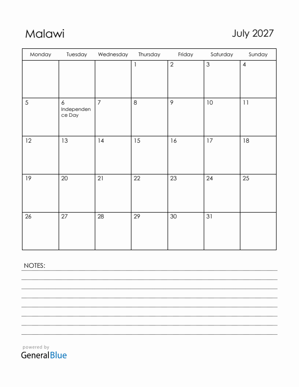 July 2027 Malawi Calendar with Holidays (Monday Start)