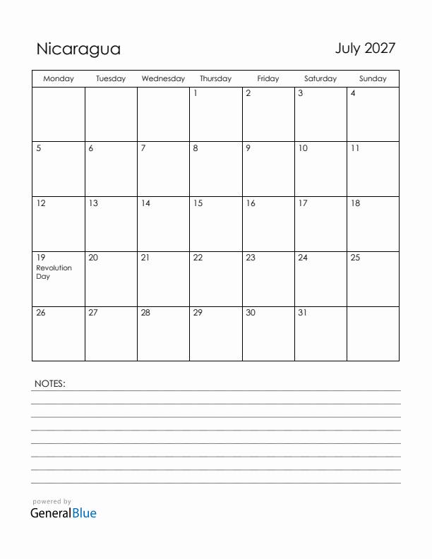 July 2027 Nicaragua Calendar with Holidays (Monday Start)