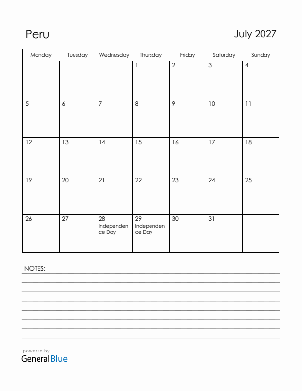 July 2027 Peru Calendar with Holidays (Monday Start)