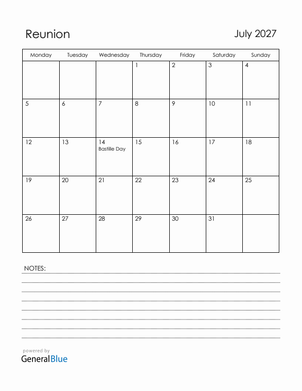 July 2027 Reunion Calendar with Holidays (Monday Start)
