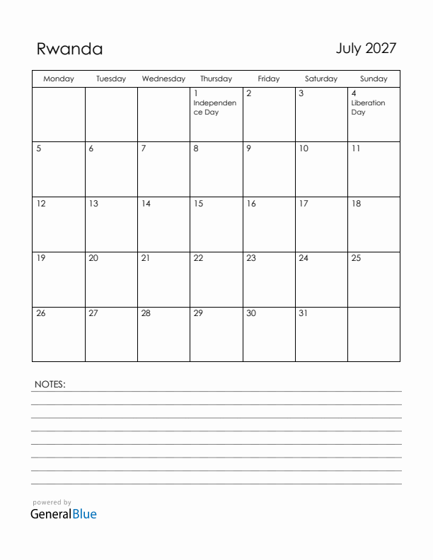 July 2027 Rwanda Calendar with Holidays (Monday Start)
