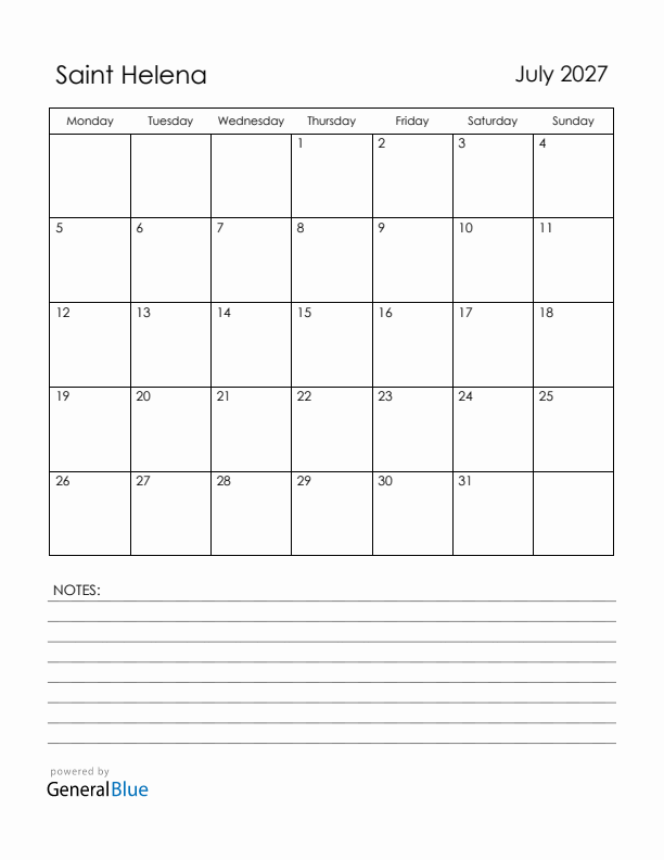July 2027 Saint Helena Calendar with Holidays (Monday Start)