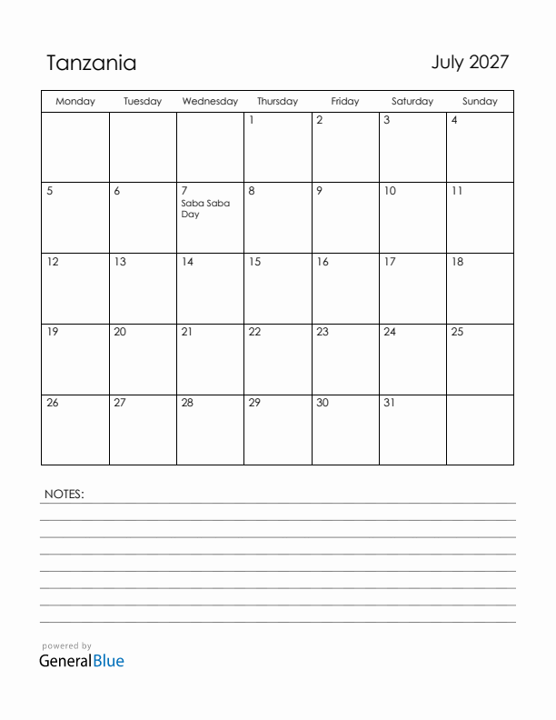 July 2027 Tanzania Calendar with Holidays (Monday Start)