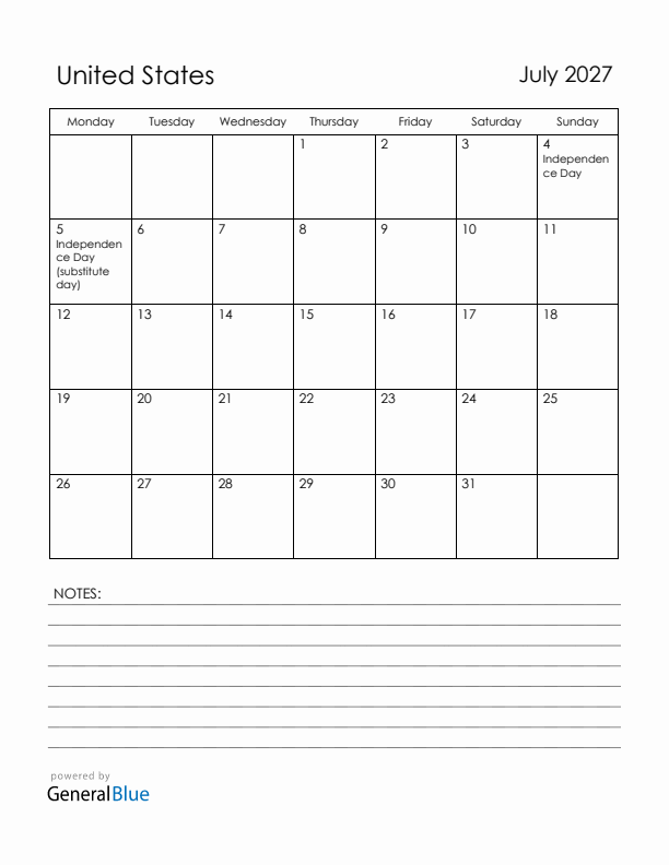 July 2027 United States Calendar with Holidays (Monday Start)