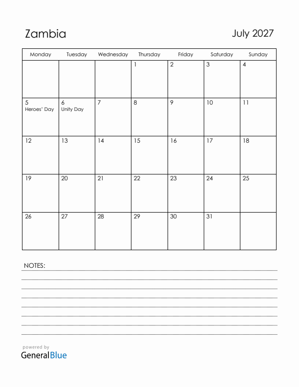 July 2027 Zambia Calendar with Holidays (Monday Start)