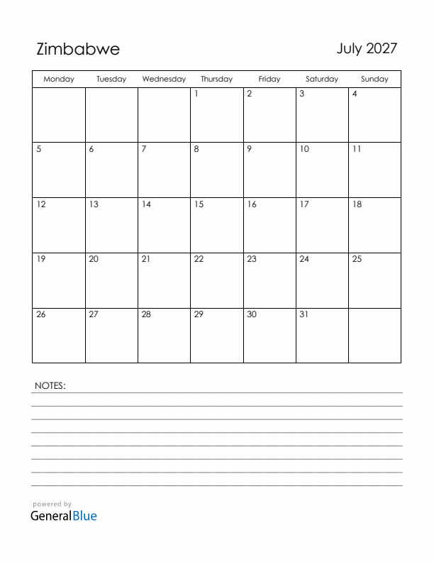July 2027 Zimbabwe Calendar with Holidays (Monday Start)
