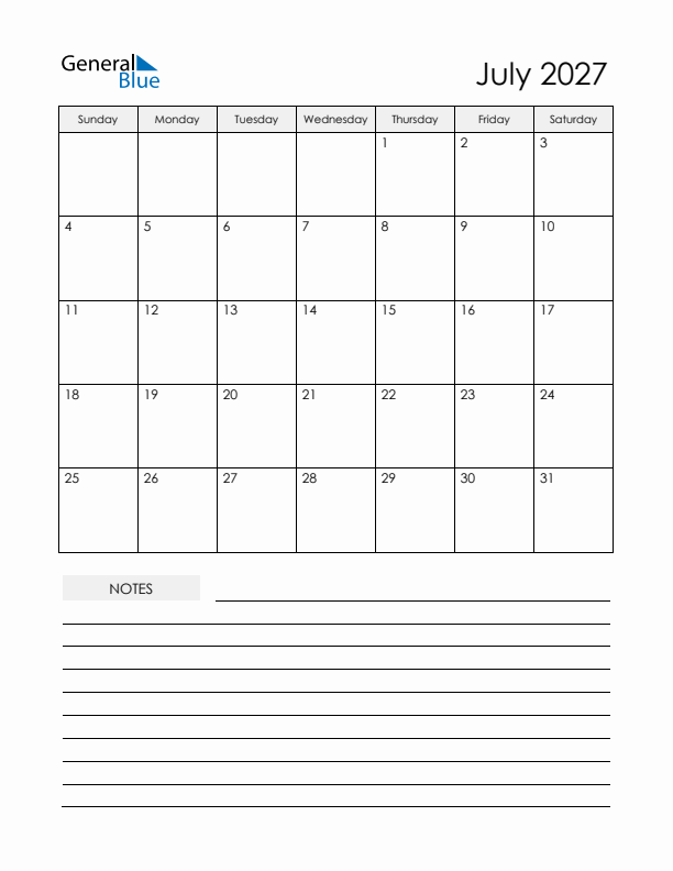 Printable Calendar with Notes - July 2027 