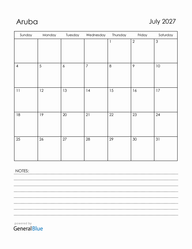 July 2027 Aruba Calendar with Holidays (Sunday Start)
