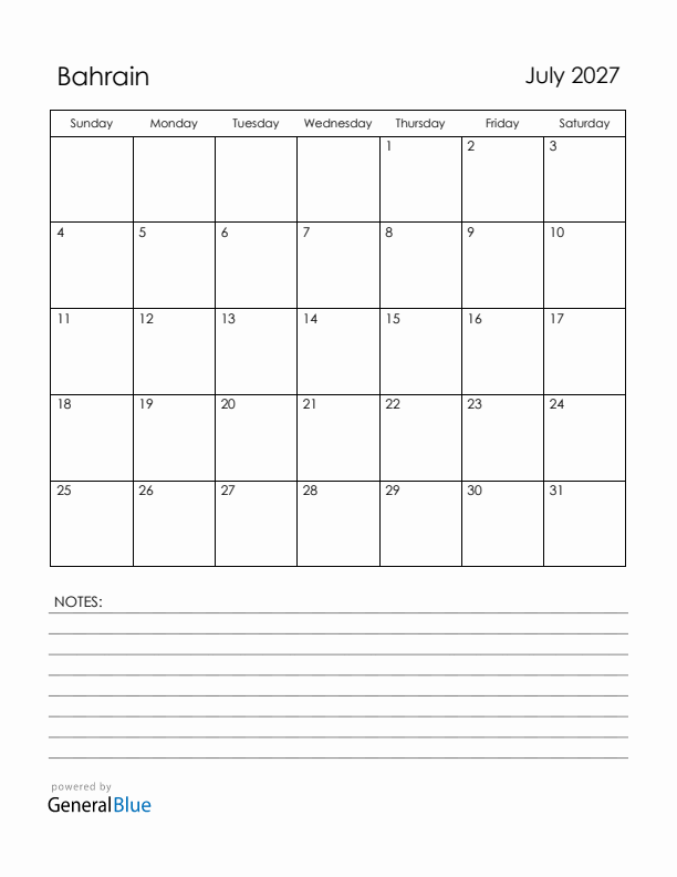 July 2027 Bahrain Calendar with Holidays (Sunday Start)