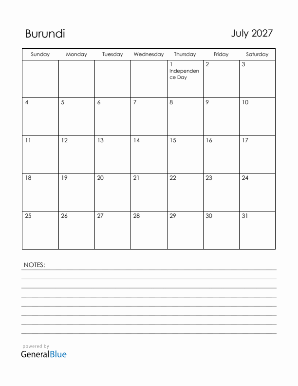 July 2027 Burundi Calendar with Holidays (Sunday Start)