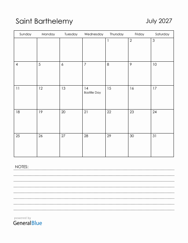 July 2027 Saint Barthelemy Calendar with Holidays (Sunday Start)