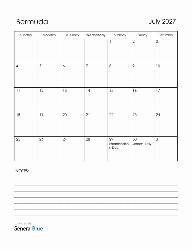 July 2027 Bermuda Calendar with Holidays (Sunday Start)