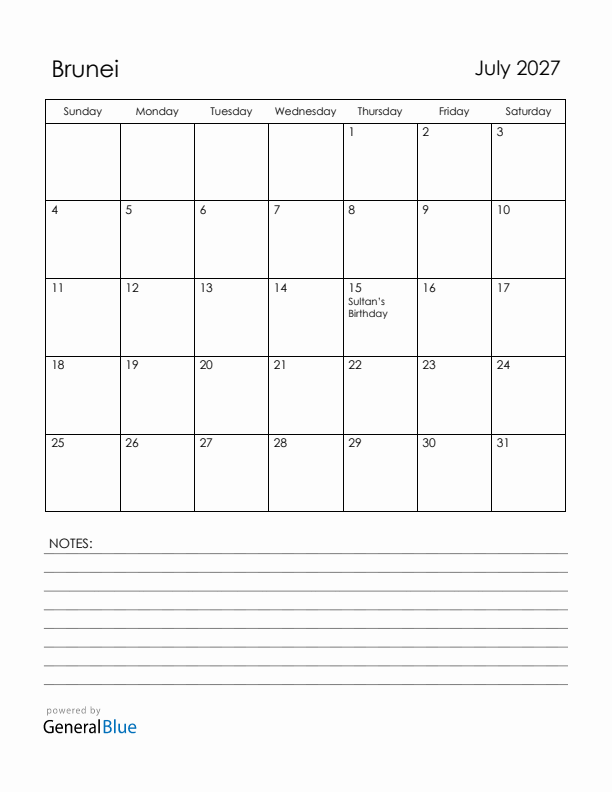 July 2027 Brunei Calendar with Holidays (Sunday Start)