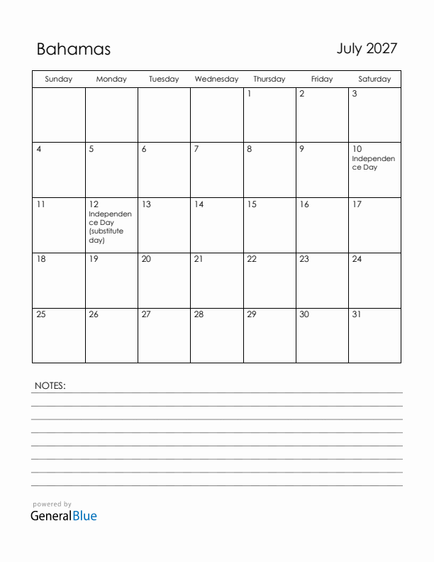 July 2027 Bahamas Calendar with Holidays (Sunday Start)