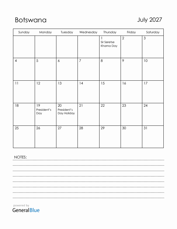 July 2027 Botswana Calendar with Holidays (Sunday Start)