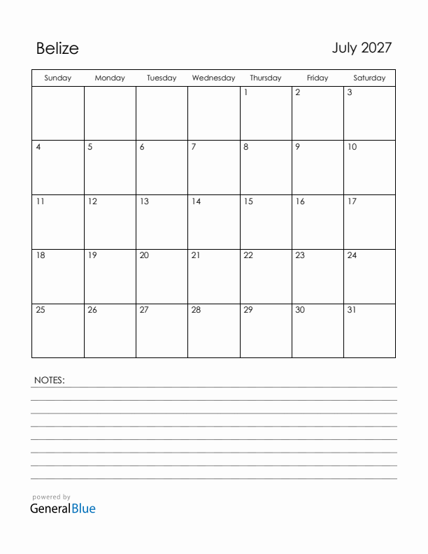July 2027 Belize Calendar with Holidays (Sunday Start)